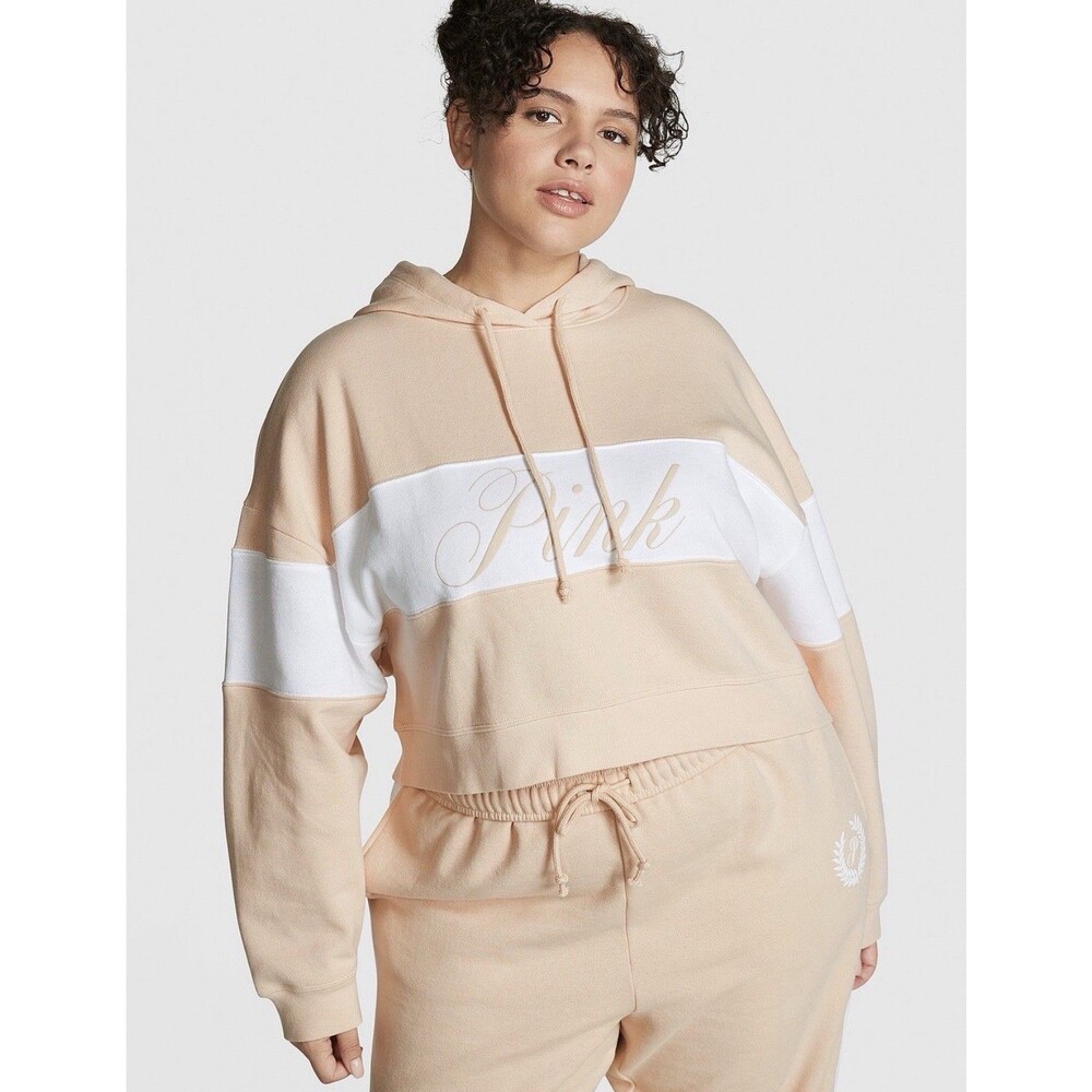 Victoria Secret PINK Ivy Fleece Cropped Hoodie Beige XL NWT